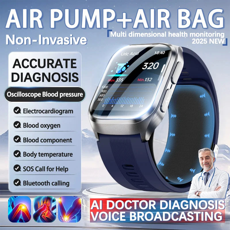 NEW Air Pump Airbag Blood Pressure Accurate Diagnosis Smart Watch ECG Temp Blood Fat Uric Acid Men Three High Monitor Smartwatch