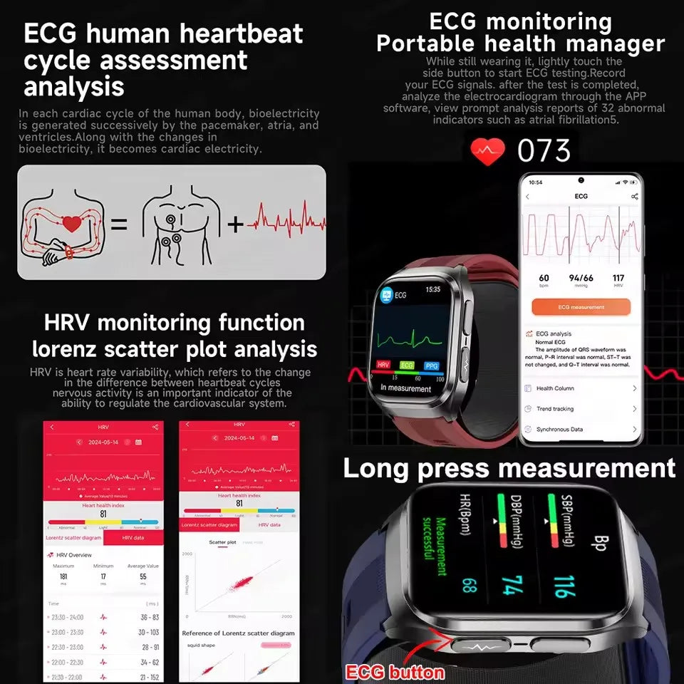 NEW Air Pump Airbag Blood Pressure Accurate Diagnosis Smart Watch ECG Temp Blood Fat Uric Acid Men Three High Monitor Smartwatch