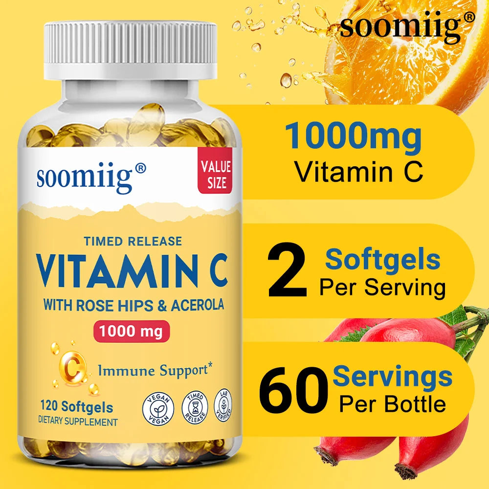 Vitamin C W/Rose Hips & Acerola | 1000mg | Two-Stage Timed-Release Healthy Immune Function, Skin, Hair & Nails Support | Non-GMO