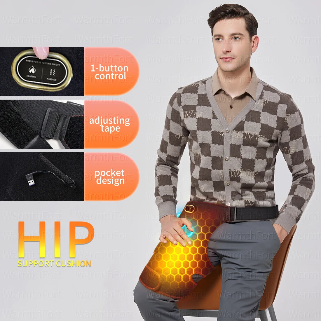 Cordless Heated Hip Support Brace with Massager for Sciatica Pain Relief Lower Back Therapy Hip Heating Pad for Physical Healing