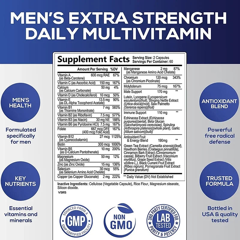 Men's Daily Multivitamin Supplement - Provides Cognitive Brain Health, Energy and Stamina, and Muscle Mass