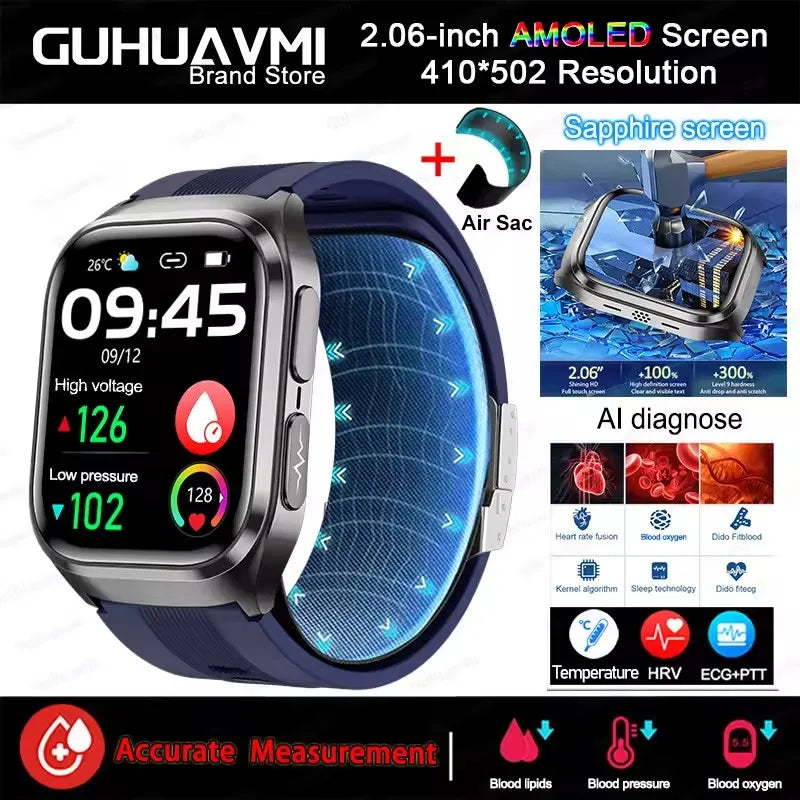 NEW Air Pump Airbag Blood Pressure Accurate Diagnosis Smart Watch ECG Temp Blood Fat Uric Acid Men Three High Monitor Smartwatch