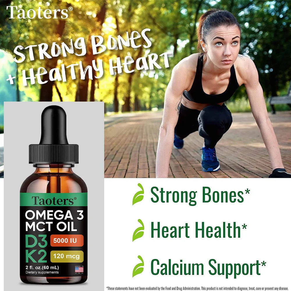 Vitamin D3 K2 Liquid Drops, Vitamin D, K, MCT Oil & Omega 3, Bone, Heart, Joint & Muscle Support Dietary Supplement, Non-GMO
