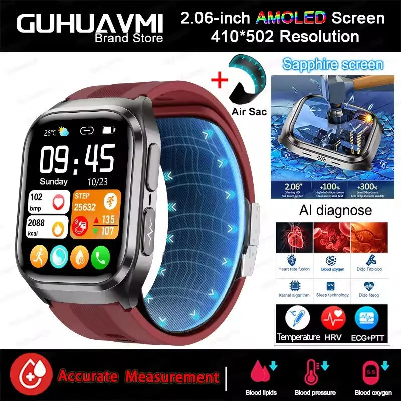 NEW Air Pump Airbag Blood Pressure Accurate Diagnosis Smart Watch ECG Temp Blood Fat Uric Acid Men Three High Monitor Smartwatch
