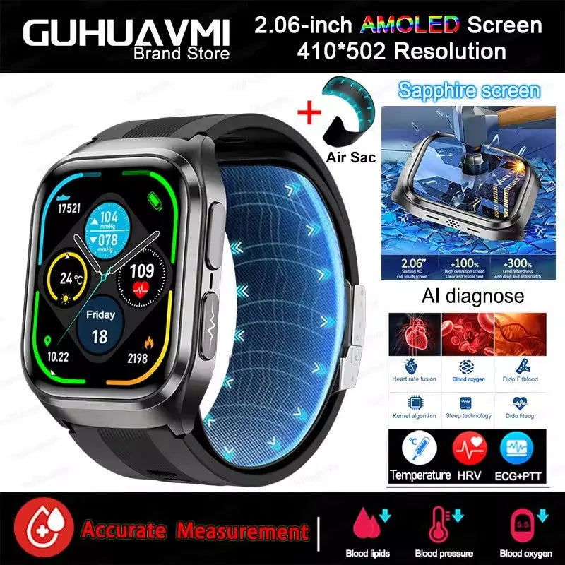 NEW Air Pump Airbag Blood Pressure Accurate Diagnosis Smart Watch ECG Temp Blood Fat Uric Acid Men Three High Monitor Smartwatch