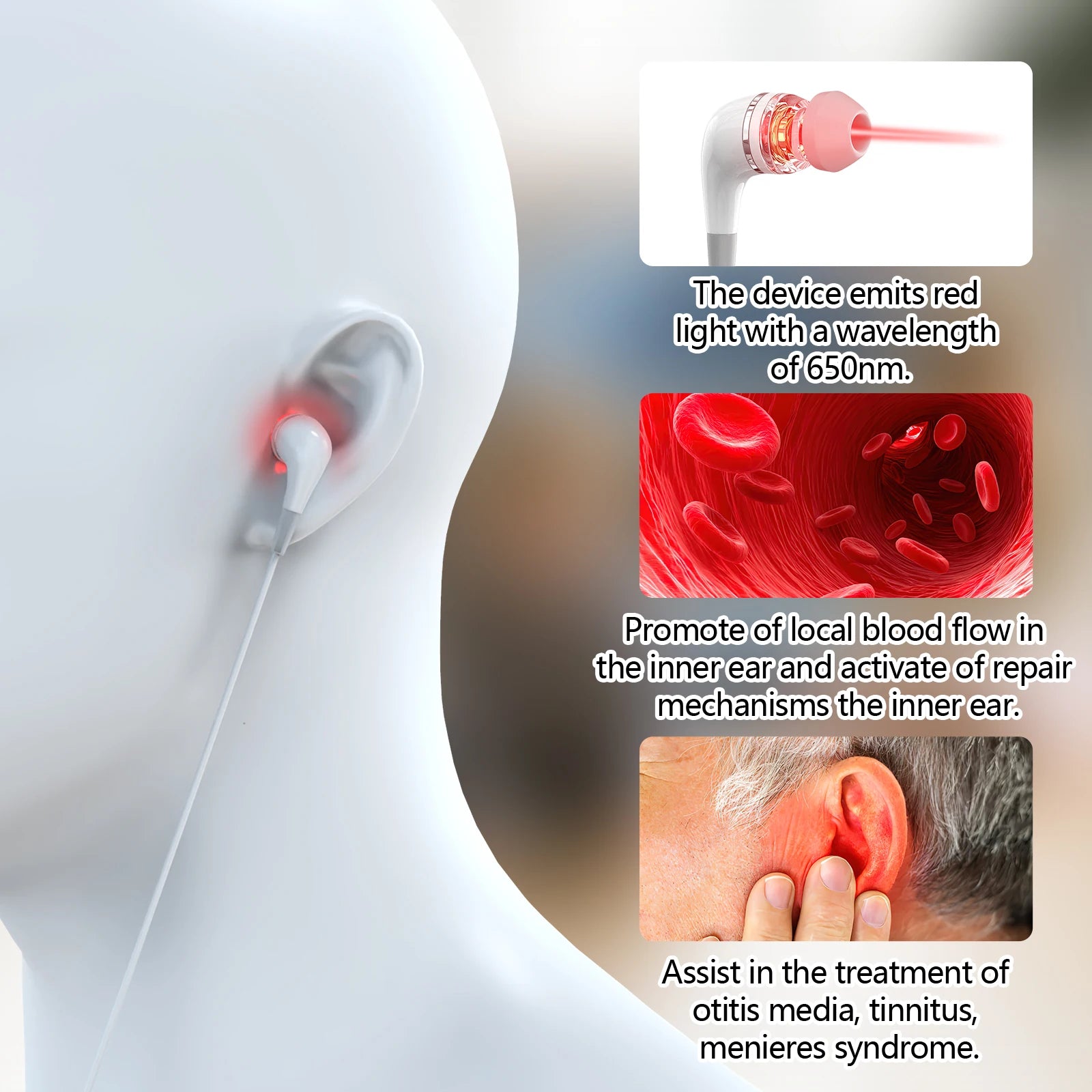 Tinnitus Ear Laser Therapy 650nm LLLT Irradiation Laser Physiotherapy Earplug Otitis Media Deafness  Hypertension Treatment