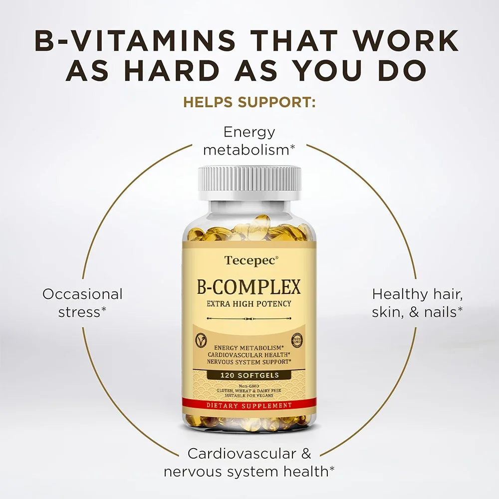 Vitamin B Complex-Contains Vitamins B1, B2, B3, B6, B5, B12 - Replenish Energy, Fight Stress and Enhance Immunity - 120 Capsules