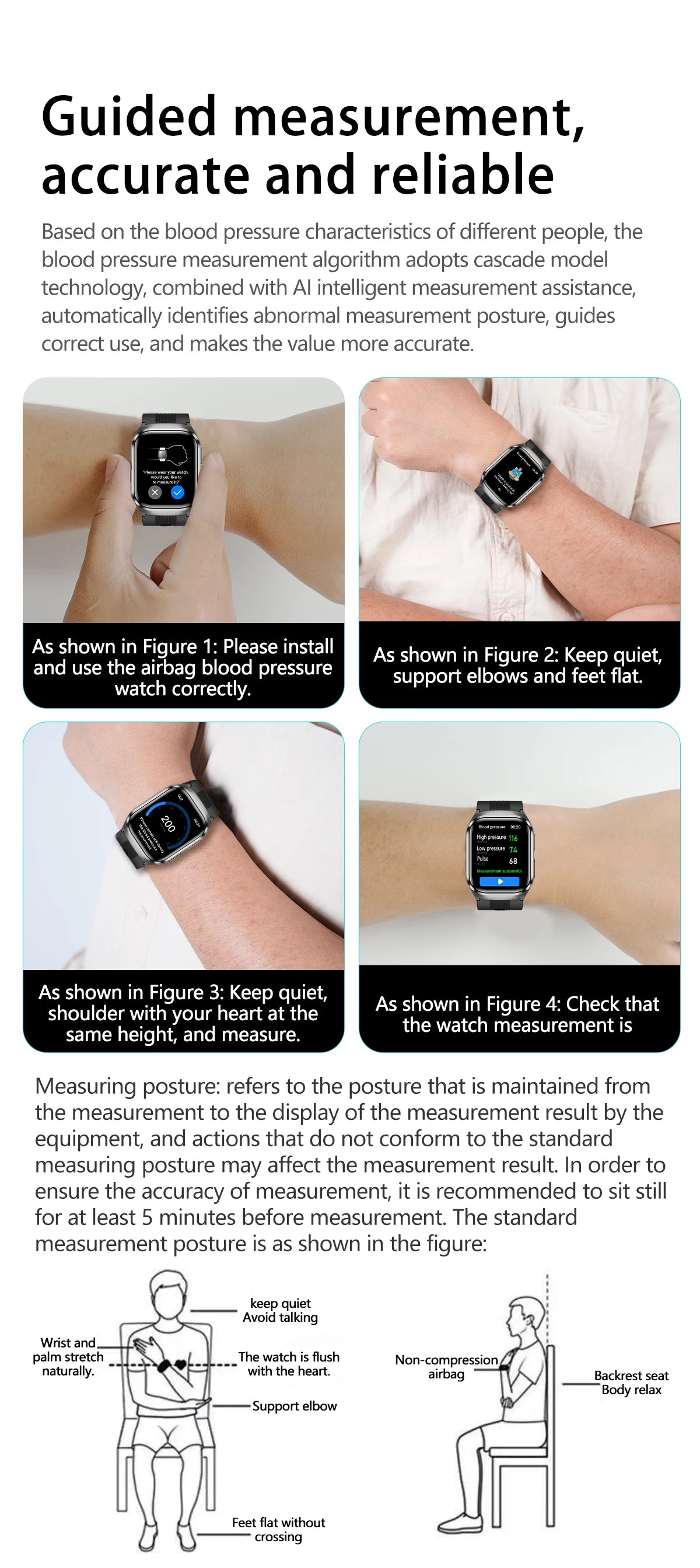 NEW Air Pump Airbag Blood Pressure Accurate Diagnosis Smart Watch ECG Temp Blood Fat Uric Acid Men Three High Monitor Smartwatch